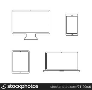 Devices linear icon isolated on white background. Phone social network concept. Flat design, vector. Laptop, tablet computer smartphone device. Business website concept. Digital vector illustration. EPS 10. Devices linear icon isolated on white background. Phone social network concept. Flat design, vector. Laptop, tablet computer smartphone device. Business website concept. Digital vector illustration.