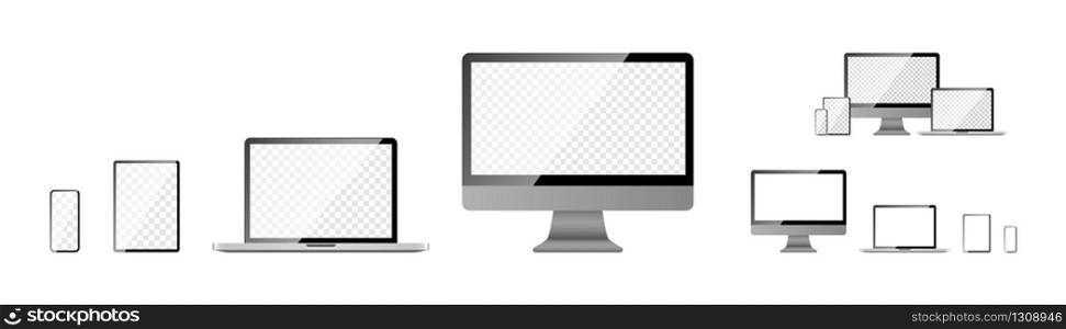 Devices screen mockup collection. Computer screen, laptop, tablet and mobile phone, isolated on white background. Devices with blank screen in realistic design. Vector illustration