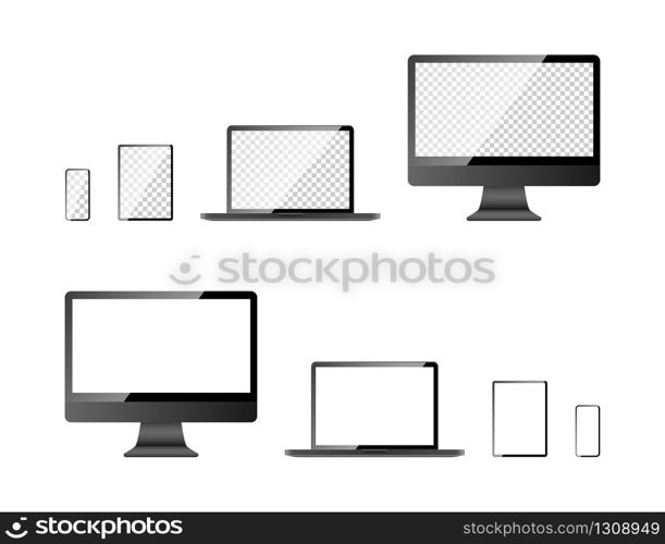 Devices screen mockup collection. Computer screen, laptop, tablet and mobile phone, isolated on white background. Devices with blank screen in realistic design. Vector illustration