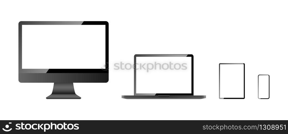 Devices screen mockup collection. Computer screen, laptop, tablet and mobile phone, isolated on white background. Devices with blank screen in realistic design. Vector illustration