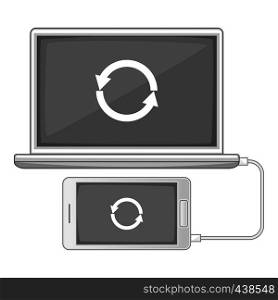 Devices synchronization icon in monochrome style isolated on white background vector illustration. Devices synchronization icon monochrome