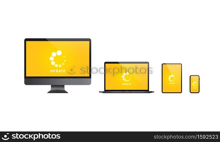 Devices system update set. Installing updates for computer, laptop, tablet and smart phone. Vector on isolated white background. EPS 10.. Devices system update set. Installing updates for computer, laptop, tablet and smart phone. Vector on isolated white background. EPS 10