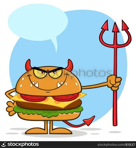 Devil Burger Cartoon Character Holding A Trident. Illustration Isolated On White Background With Speech Bubble