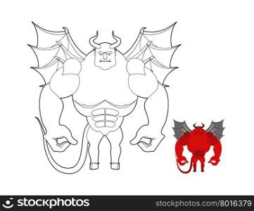 Devil coloring book. Red demon with wings and horns. Helluva terrible Satan with big muscles. Bodybuilder from underworld.