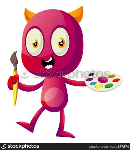 Devil holding color palette, illustration, vector on white background.