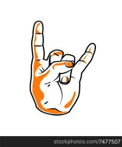 Devil horns gesture icon. Popular rock and metal fan and player symbol or sign colored vector illustration in cartoon sketch style as decoration element.. popular Rock and Metal Devil Horns Gesture Poster