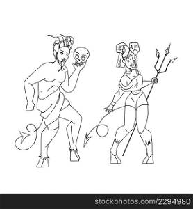 Devil People Man And Woman Stand Together Black Line Pencil Drawing Vector. Devil People Boy And Girl Holding Human Skull And Trident Accessories. Characters Halloween Holiday Celebrate Illustration. Devil People Man And Woman Stand Together Vector