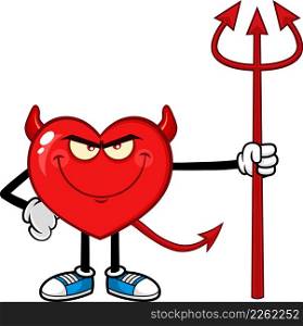 Devil Red Heart Cartoon Character Deviled Fire Cartoon Character Holding ? Trident. Vector Hand Drawn Illustration Isolated On White Background