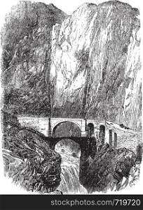 Devil's Bridge in Uri, Switzerland, during the 1890s, vintage engraving. Old engraved illustration of the Devil's Bridge.