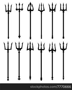 Devil trident fork silhouettes, Poseidon, Neptune or Triton spear weapon, vector pitchfork icons. Marin trident as nautical symbol of sea and ocean god, nautical harpoon or Zeus pitchfork. Devil trident fork, Poseidon Neptune spear weapon