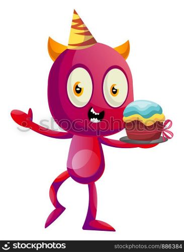 Devil with Birthday cake, illustration, vector on white background.