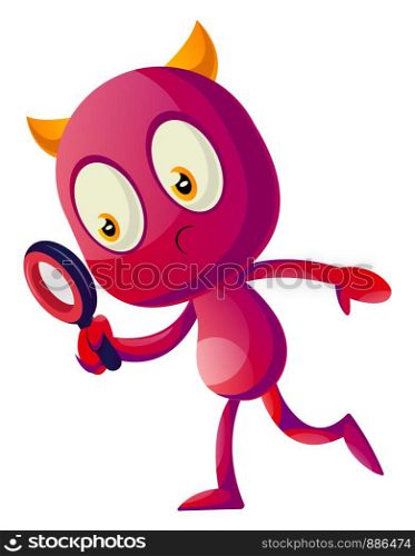 Devil with magnifying glass, illustration, vector on white background.