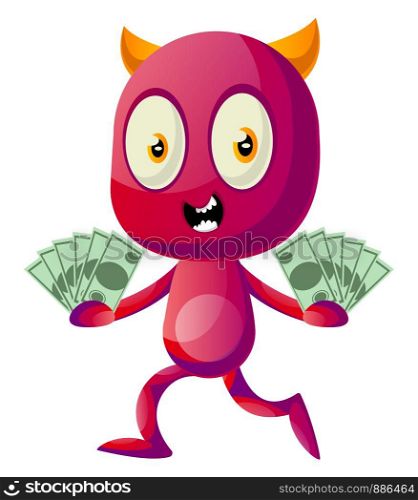 Devil with money, illustration, vector on white background.