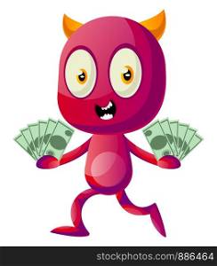 Devil with money, illustration, vector on white background.