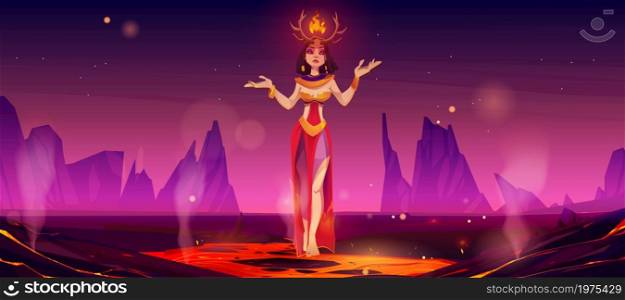 Devil woman in hell world, Halloween female character at creepy infernal landscape with hot lava, steam and rocks around. Satan or demon personage at mountains with magma, Cartoon vector illustration. Devil woman in hell world, Halloween character