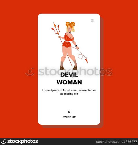 Devil Woman With Horns On Head Hold Trident Vector. Devil Woman With Tail Holding Hell Accessory. Character Wearing Halloween Costume Celebrate Holiday Event Web Flat Cartoon Illustration. Devil Woman With Horns On Head Hold Trident Vector