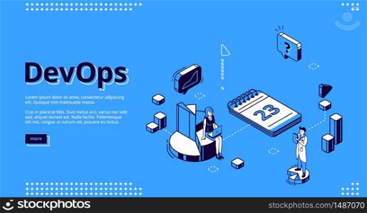 DevOps banner. Concept of development operations, communication of programmers and engineers. Vector landing page of project integration with isometric working people, chart and calendar. Landing page of development operations concept