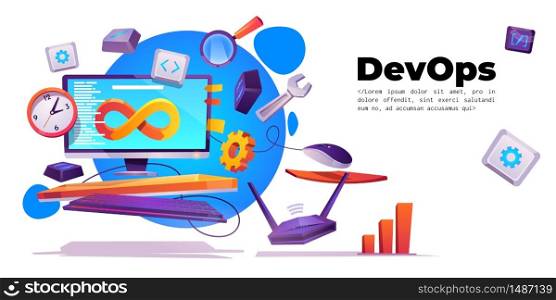 DevOps banner. Concept of development operations. Vector landing page of project integration with cartoon illustration of computer screen with lifecycle infinity sign, clock and router. Development operations banner, DevOps concept