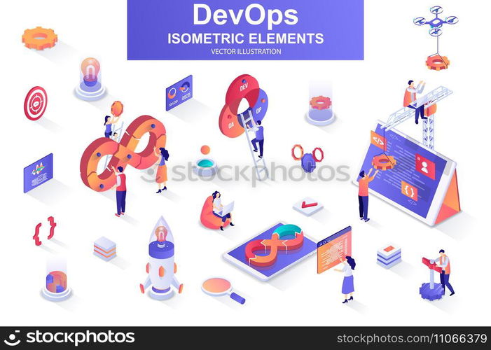 DevOps bundle of isometric elements. Startup launch, software development, deployment and testing, automation and programming isolated icons. Isometric vector illustration kit with people characters.. DevOps bundle of isometric elements.