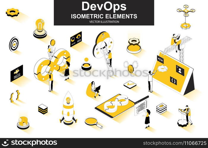 DevOps bundle of isometric elements. Startup launch, software development, deployment and testing, automation and programming isolated icons. Isometric vector illustration kit with people characters.