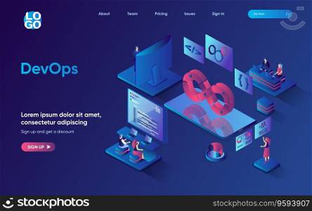 DevOps concept 3d isometric web landing page. People working in team, programmers interact with tech support engineers, development operation. Vector illustration for web template design