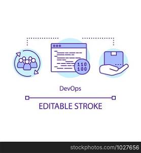 DevOps concept icon. Development and operations. Collaboration for coding needed. Relationship in development team idea thin line illustration. Vector isolated outline drawing. Editable stroke
