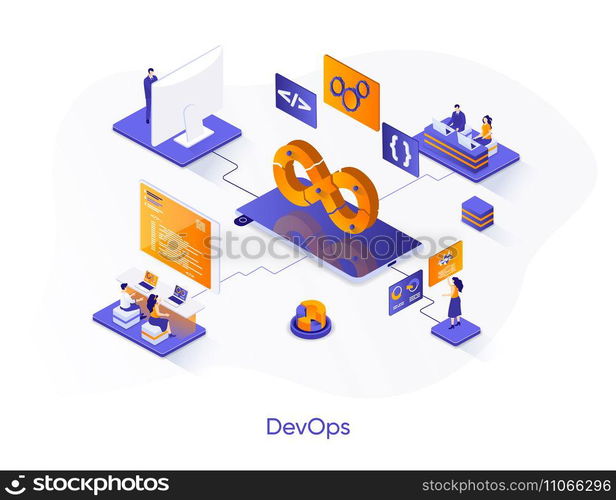 DevOps isometric web banner. Development operations isometry concept. Programming and engineering service 3d scene, computer system administration design. Vector illustration with people characters.