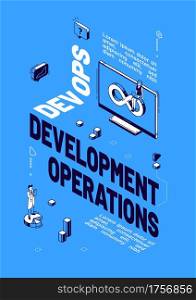 DevOps poster. Concept of development operations, communication of programmers and engineers. Vector banner of project integration with isometric people and computer monitor with infinity sign. Vector poster of DevOps, development operations