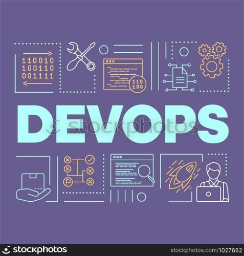 DevOps word concepts banner. Binary system. Presentation, website. Isolated lettering typography idea with linear icons. Software development and operations collaboration. Vector outline illustration