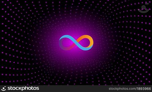 Dfinity Internet Computer ICP token symbol cryptocurrency in the center of spiral of glowing dots on dark background. Cryptocurrency logo icon for banner or news. Vector illustration.