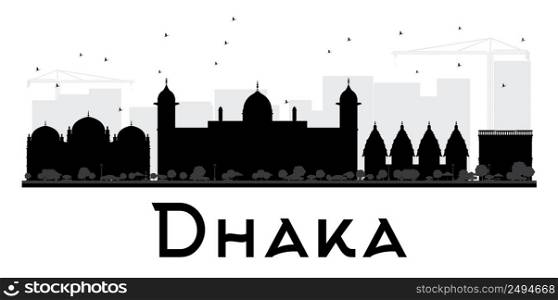 Dhaka City skyline black and white silhouette. Vector illustration. Simple flat concept for tourism presentation, banner, placard or web site. Business travel concept. Cityscape with landmarks