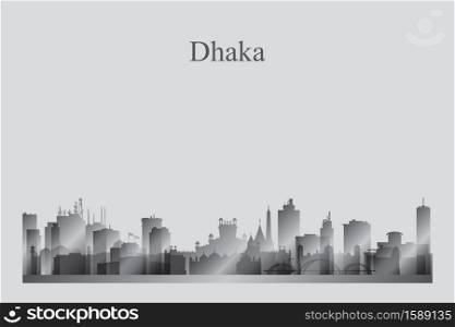 Dhaka city skyline silhouette in a grayscale vector illustration