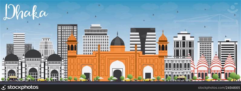 Dhaka Skyline with Gray Buildings and Blue Sky. Vector Illustration. Business Travel and Tourism Concept with Historic Buildings. Image for Presentation Banner Placard and Web Site.