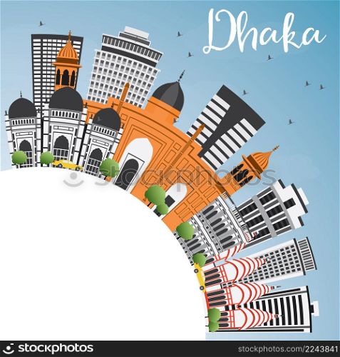 Dhaka Skyline with Gray Buildings, Blue Sky and Copy Space. Vector Illustration. Business Travel and Tourism Concept with Historic Buildings. Image for Presentation Banner Placard and Web Site.