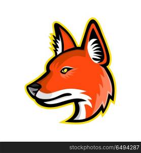 Dhole or Asiatic Wild Dog Mascot. Sports mascot icon illustration of head of a dhole, Asiatic wild dog, Indian wild dog, whistling dog, red dog or mountain wolf, a canid native to Asia viewed from side on isolated background in retro style.. Dhole or Asiatic Wild Dog Mascot