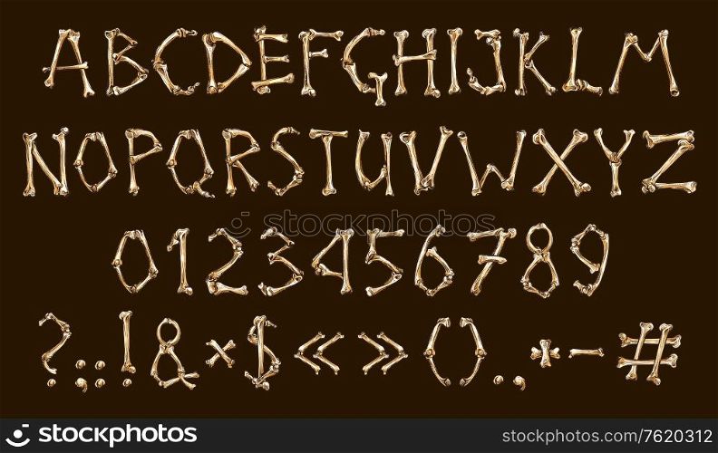 Dia de los muertos, alphabet and numbers, bones. Vector Mexican holiday of dead, abc and digits, question and exclamation marks, letters font, lettering and text. Festive typography element design. Alphabet and numbers of bones, Dia de los muertos