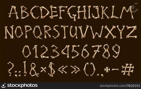 Dia de los muertos, alphabet and numbers, bones. Vector Mexican holiday of dead, abc and digits, question and exclamation marks, letters font, lettering and text. Festive typography element design. Alphabet and numbers of bones, Dia de los muertos