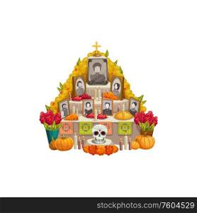 Dia de los muertos altar with offerings to Day of Dead isolated. Vector family photos, pumpkins and flowers. Mexican altar with deceased photos, skull, candles