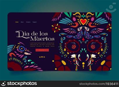 Dia de los Muertos banner with fancy pattern of skull with flowers, heart and birds. Vector landing page of Day of Dead in Mexico with cartoon illustration of traditional mexican ethnic print. Dia de los Muertos banner, Day of Dead in Mexico