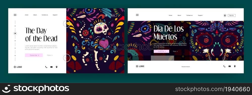 Dia de los Muertos banners with fancy print of skull with flowers, hearts, cat and birds skeletons. Vector landing pages of Day of Dead in Mexico with cartoon traditional mexican pattern. Dia de los Muertos banners, Day of Dead in Mexico