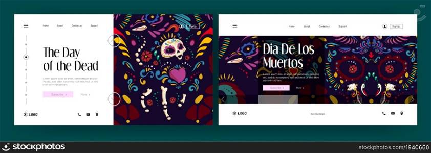 Dia de los Muertos banners with fancy print of skull with flowers, hearts, cat and birds skeletons. Vector landing pages of Day of Dead in Mexico with cartoon traditional mexican pattern. Dia de los Muertos banners, Day of Dead in Mexico