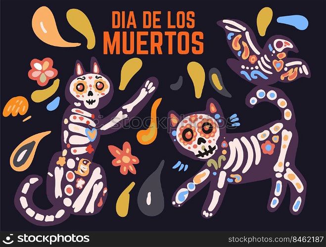 Dia de los muertos celebration card with cute cartoon cat and bird painted as sugar skull calavera, flowers in traditional style. Text translation  Day of the Dead.. Dia de los muertos celebration card