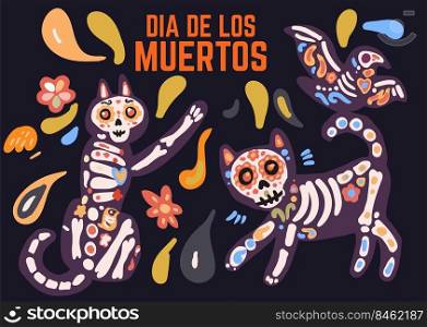 Dia de los muertos celebration card with cute cartoon cat and bird painted as sugar skull calavera, flowers in traditional style. Text translation  Day of the Dead.. Dia de los muertos celebration card