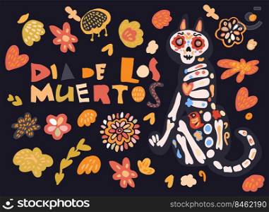 Dia de los muertos celebration card with cute cartoon cat painted as sugar skull calavera, flowers hand drawn in traditional style. Text translation: Day of the Dead.. Dia de los muertos celebration card