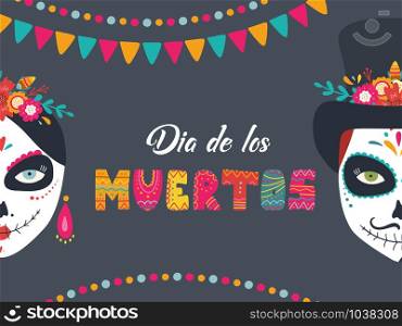 Dia de los muertos, Day of the dead, Mexican holiday. Banner, card with sugar skulls of woman and man. Vector illustration. Dia de los muertos, Day of the dead, Mexican holiday banner