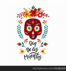Dia de los muertos, Day of the dead, Mexican holiday. Banner, card smiling skulls surrounded by colorful flowers. Vector illustration. Dia de los muertos, Day of the dead, Mexican holiday banner, card