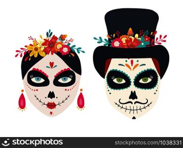 Dia de los muertos, Day of the dead, Mexican holiday, festival. Vector sugar skulls of woman and man. Sugar skulls of woman and man Dia de los muertos, Day of the dead