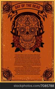 Dia de los muertos (Day of the dead). Mexican sugar skull on grunge background. Design element for poster, logo, label, sign, card, banner. Vector illustration