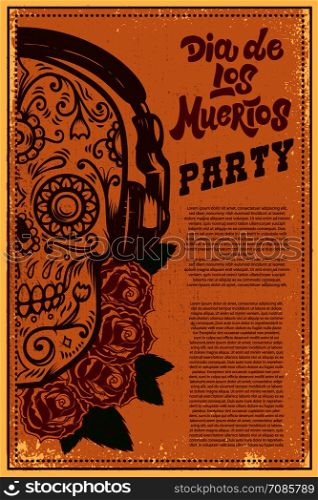Dia de los muertos (Day of the dead). Mexican sugar skull on grunge background. Design element for poster, logo, label, sign, card, banner. Vector illustration