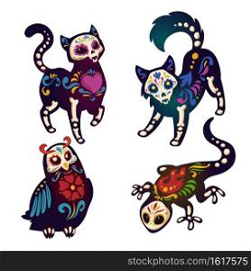 Dia de los Muertos, mexican Day of Dead with animals skeletons. Vector cartoon set of black cat, dog, owl and lizard with colorful pattern of bones, skulls, heart and flowers isolated on white. Mexican Day of Dead, Dia de los Muertos
